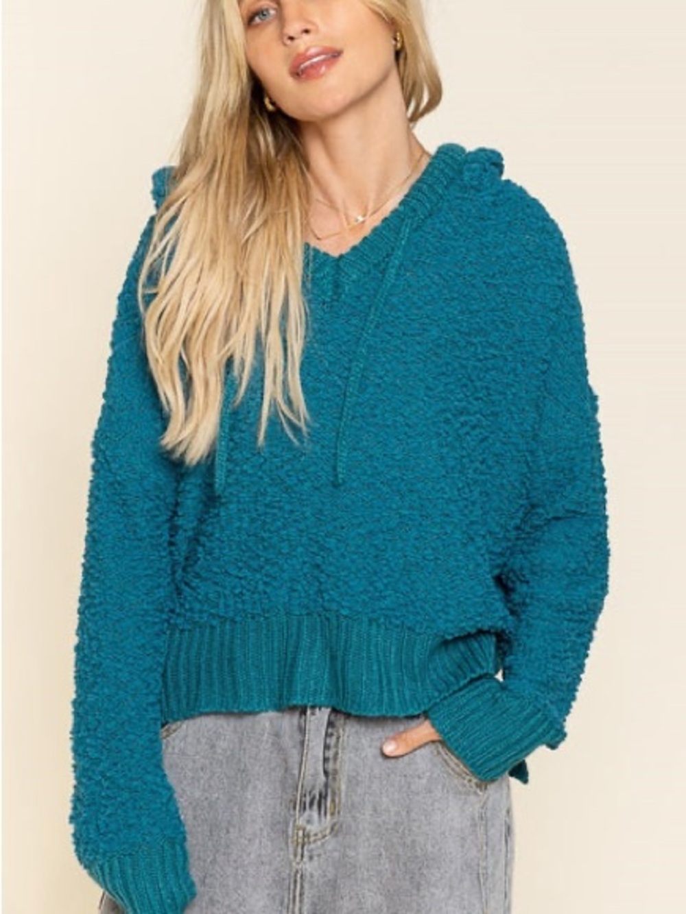 Pol Boho Alapaca-Inspired Popcorn Textured Knit Hoodie in Teal Cozy Fall Vibe